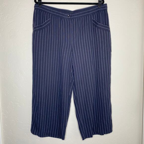 Eileen Fisher Navy Blue and White Pinstripe Cropped Wide Leg Pants Size Large - Picture 10 of 10